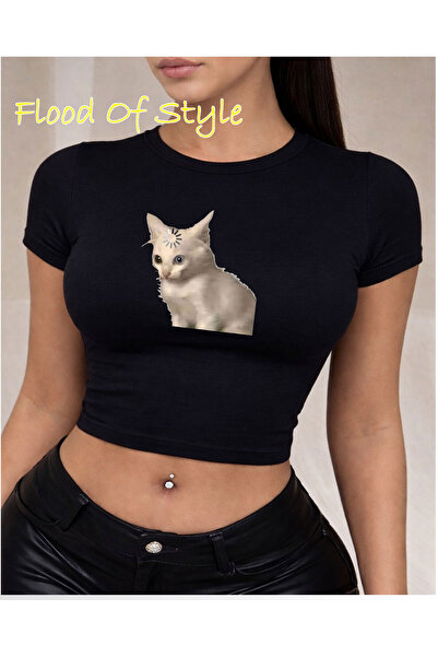 Flood Of Style Μαύρο μπλουζάκι Babby Tee με εκπληκτική γάτα Προσαρμοσμένο σχέδιο