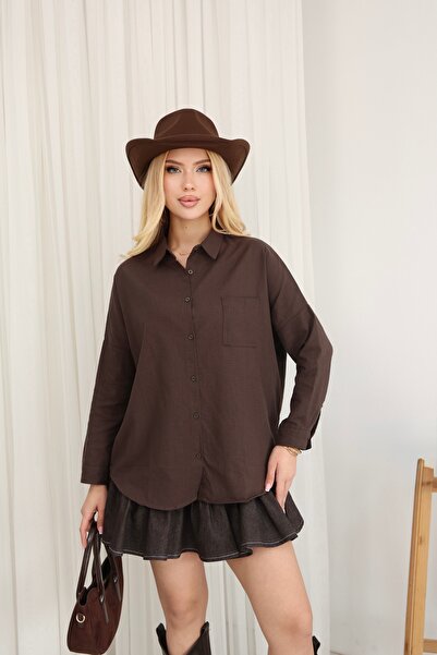 GRODYT Women's Linen Oversized Shirt, Long and Comfortable Cut, Pocketed Butt...