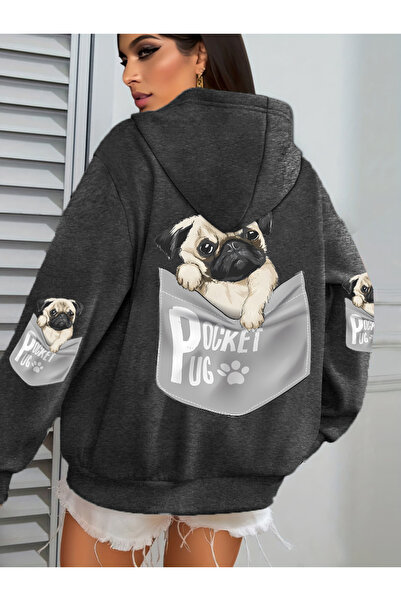 Tarzsokak قميص Cep Pug بغطاء رأس للسيدات برسومات كرتونية على شكل كلب مطبوع مق...