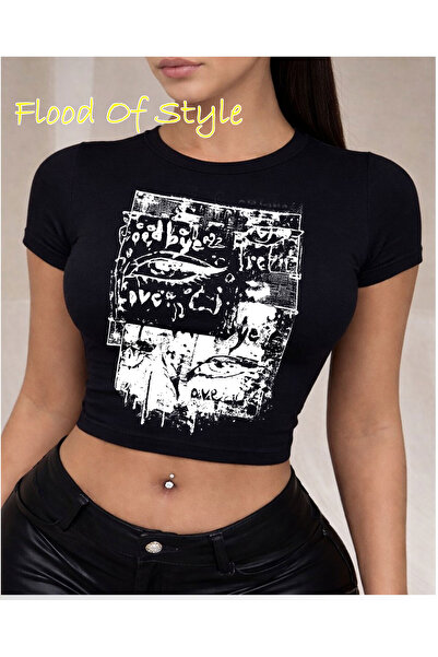 Flood Of Style Μαύρο μπλουζάκι Babby Tee με στάμπα ματιών Ειδικό σχέδιο