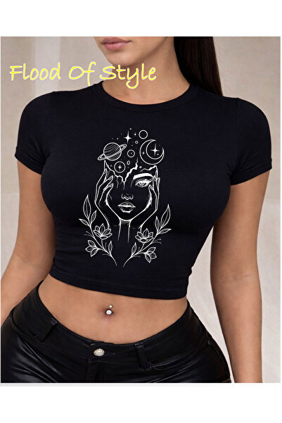 Flood Of Style Μαύρο μπλουζάκι Babby με σχέδιο λουλουδιών και φεγγαριού Προσα...