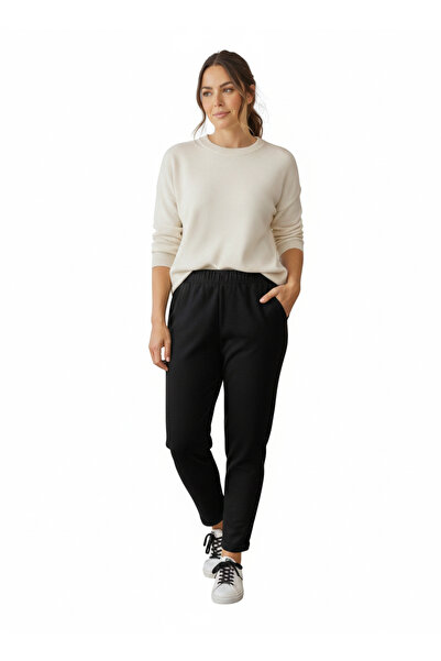 BİLGENS BUTİK Women's Rubber Waistband Pocketed Black Sports Pants