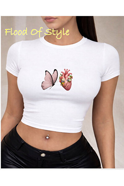 Flood Of Style Λευκό μπλουζάκι Babby με σχέδιο καρδιάς πεταλούδας Προσαρμοσμέ...