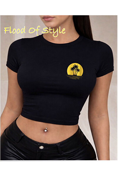 Flood Of Style Μαύρο Babby Tee με ελάχιστη διακόσμηση ήλιου-δέντρου Προσαρμοσ...