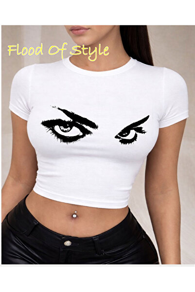 Flood Of Style Λευκό μπλουζάκι Babby Tee με σκληρό βλέμμα, ιδιαίτερο σχέδιο