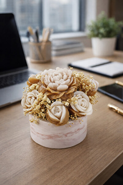 Bead Taş Saksı Kahverengi Beyaz Mum Aranjmanı – Dekoratif El Yapımı Masa Üstü...