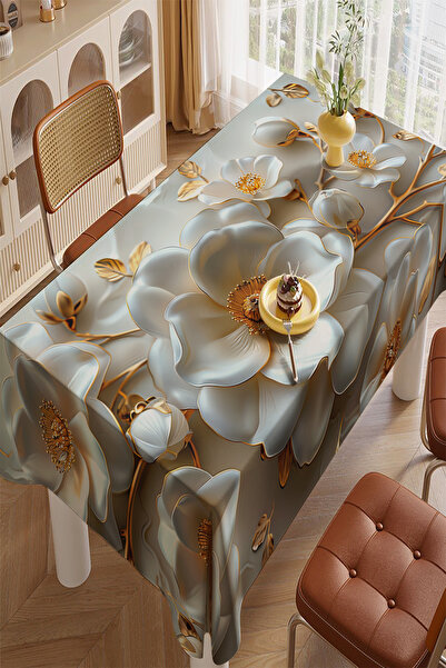 PRINTOPIA Üç Boyutlu Gold Detaylı Beyaz Güllü Modern Leke Tutmaz Yıkanabilir ...