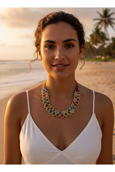 Moda Accessories Gold Chain Detail Colorful Crystal Stone Statement Necklace ...