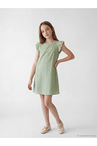 LC Waikiki Rochie pentru fete LCW Kids Green guler rotund cu volane brodat