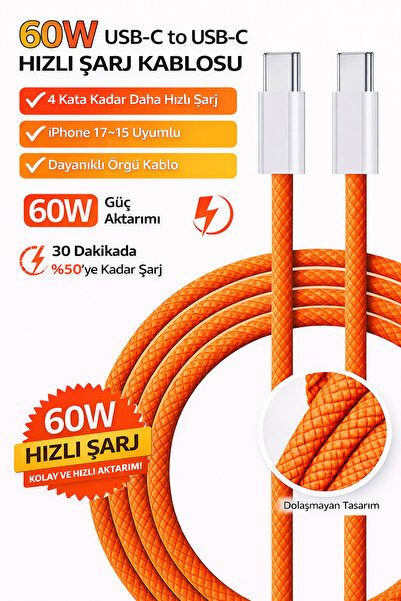 Abbruch iPhone Samsung Macbook Uyumlu Type-c To Type-c PD 60w Hızlı Şarj Kabl...