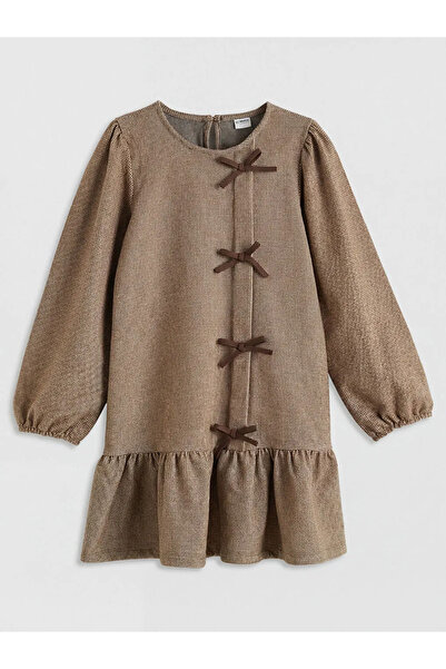 LC Waikiki Lcw Kids Brown Crew Neck Plaid Bow Detail Girls Dress