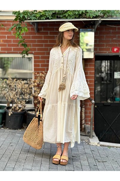 Hazinedan Women's Bohemia Design Embroidery Detail Long Cream Dress