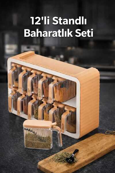 CELSEN HOME 12 Li Standlı Kendinden Yapışkanlı Kapaklı Kaşıklı Baharatlık Tak...