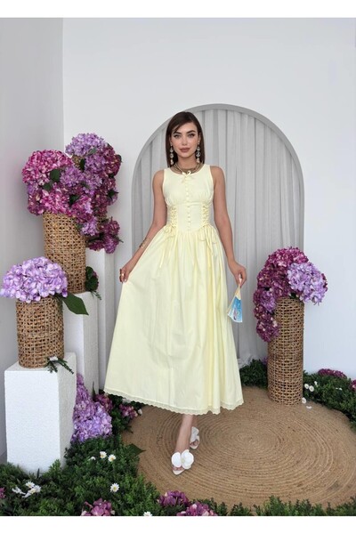 Nils Boutique Butter-Vanilya Sarısı - Pembe Korse Detaylı Midi Elbise
