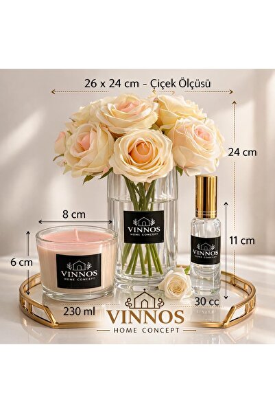 VINNOS HOME CONCEPT Lüks Çiçekli Hediye - Vazolu Yapay Gül, 230 ml Mum ve 30 ...