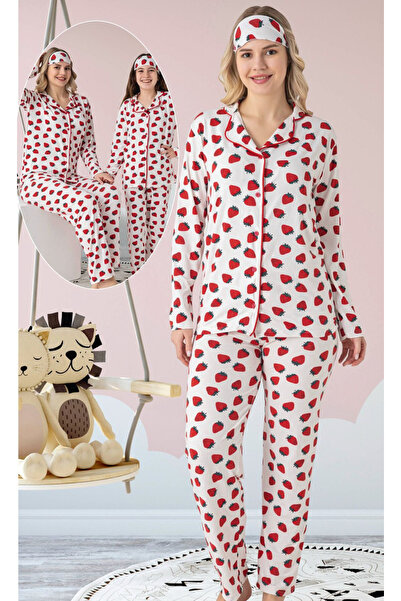 ANGEL VALESKA Strawberry Patterned Buttons Long Sleeve Mommy and Me Pajama Set