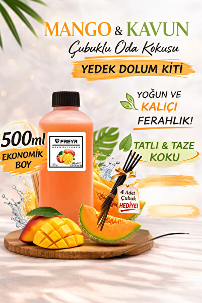 FREYR Oda ve Oto Kokusu Çubuklu Mango Kavun 500 ml Çubuklu Oda Kokusu ve Diki...