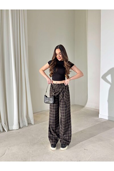 Lux Vestimenta BSK Fular Detaylı Ekoseli Tailored Fit Kadın Pantolon