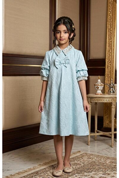 Rawai Roma Girls' jacquard dress with a pearl collar and elegant bow
