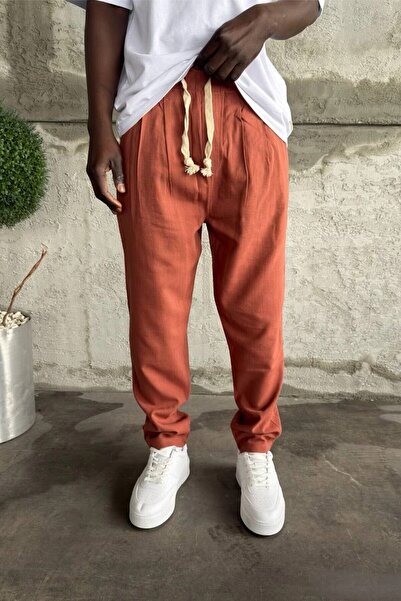 MADZEYMODA Ανδρικό παντελόνι με ελαστική μέση Boyfriend Mold Με πιέτες Tile Λ...