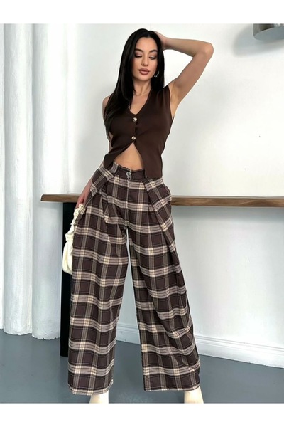 Ekim Store Buttoned Plaid Palazzo Pants