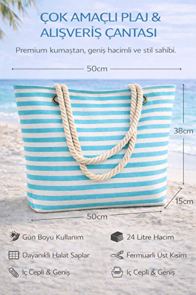 onymino Büyük Boy Yatay Çizgili Plaj Çantası 24 Litre Halat Saplı İç Cepli Ço...
