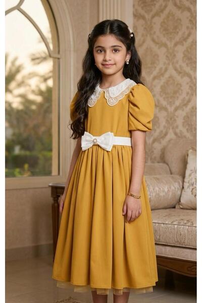 Rawai Roma Girls' midi dress with Lace collar and bow belt