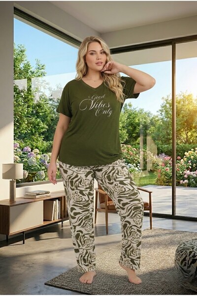 Lohussa New Season Women's Green V-Neck Patterned Short Sleeve Design Summer ...