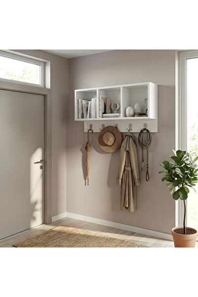 Ysf Ravoni Home Premium MDF 3 Bölmeli Duvar Rafı ve 5'li Askılık - Portmanto