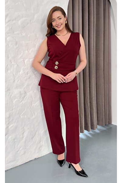 Butik Nilyam Kadın Büyük Beden Kruvaze Yaka Sıfır Kol Çift Broş Detaylı Esnek...