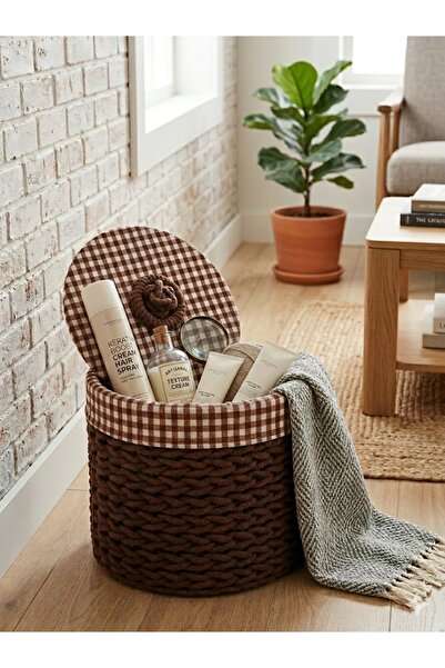 Bohem studio Kapaklı Örgü Sepet – Kahverengi Bohem Dekoratif Düzenleyici