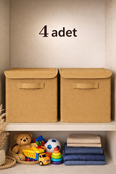 EVELLA HOME Bej 4 Adet Kapaklı Saklama Kutusu 30x30x30 cm Çok Amaçlı Dolap ve...