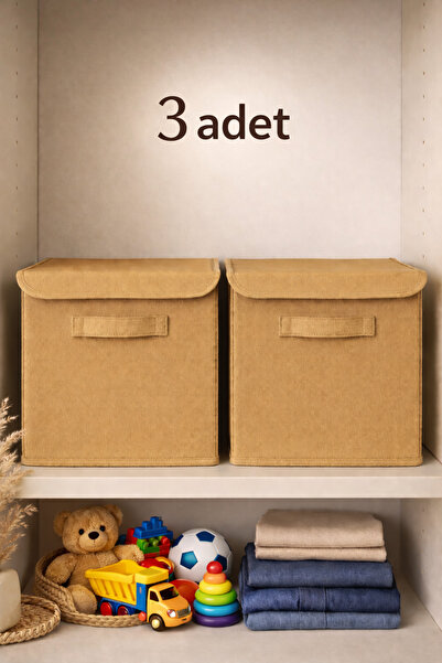 EVELLA HOME Bej 3 Adet Kapaklı Saklama Kutusu 30x30x30 cm Çok Amaçlı Dolap ve...