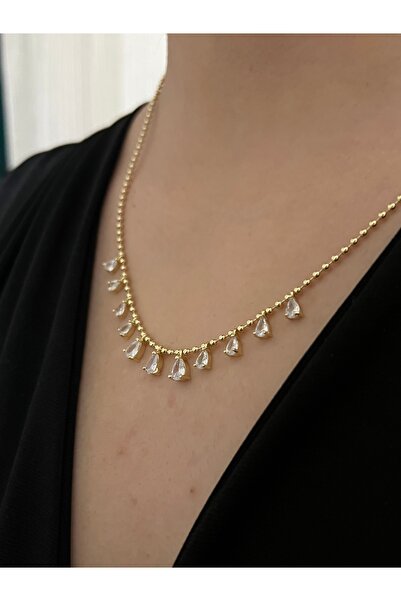 BusradanDesign Kadın 14K Altın Kaplama Çoklu Damla Taşlı Shakira Kolye - Sıra...