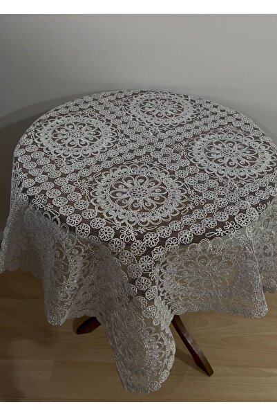 BRL ÇEYİZ HOME Fiskos Tablecloth Tulle Guipure Lace Dowry Box-Silvery Light Gray