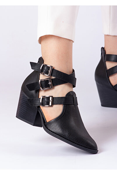 Defne Trend Store Nora Buckled Block Heel Lu Daily Leather Women's Shoes Perf...