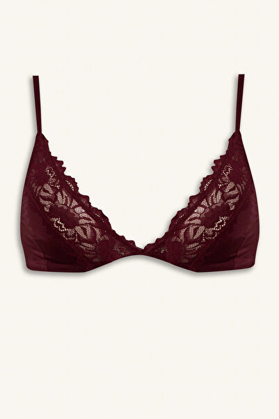 DeFacto F9387Axbr210 Claret Red Lace Detailed Satin Cup-Free Padless Non-wire...