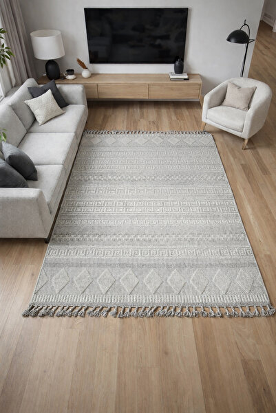 halıcı erkan Modern Etnik Gri Kilim Halı Saçaklı Dokuma Kaymaz Taban Salon Ya...