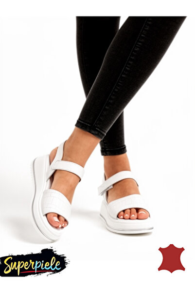 ANGEL BLUE Sandale albe damă din piele naturală moale, cu talpă groasă