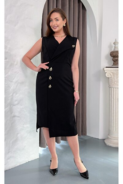 Butik Nilyam Kadın Büyük Beden Sıfır Kol Yaka ve Bel Damla Broşlu Esnek Krep ...