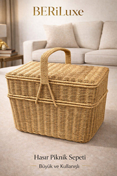 BERİLUXE Hasır Piknik Sepeti Büyük Boy | Kapaklı El Yapımı Çok Amaçlı Saklama...