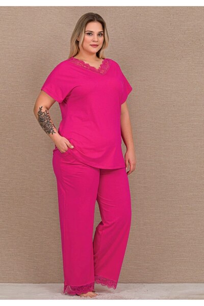 by İGP Pink Cotton Lu Coton Plus Size V-Neck Wide-Leg Pajama Set