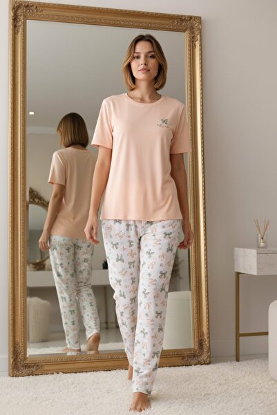 PİJAPİA Women's Short Sleeve Stretch Fabric Pajama Set Salmon