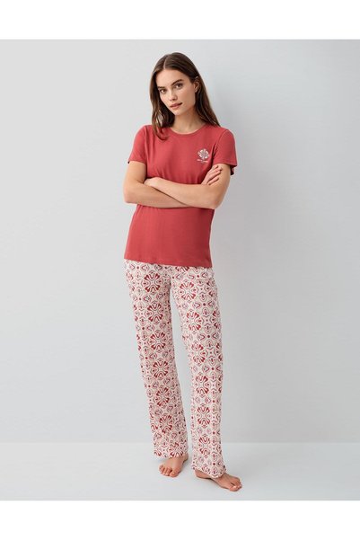Pierre Cardin Kadın Yazlık Bordo %50 Pamuk %50 Modal Pijama Takımı – Kısa Kollu Bisiklet Yaka Üst ve Desenli Uzun Alt, Rahat Kesim