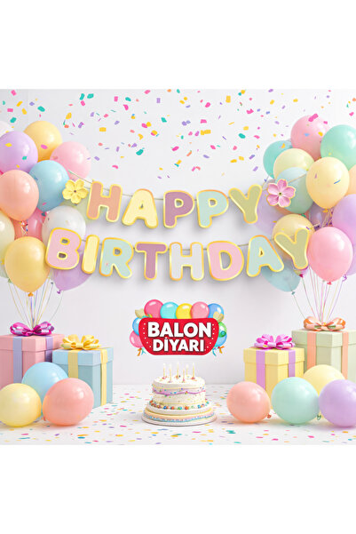 BALON DİYARI Özel Kesim Makaron Banner Happy Birthday – 210 cm Doğum Günü Yaz...