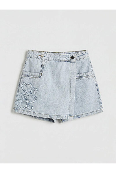 LC Waikiki Lcw Kids Blue Heart Embroidered Girls' Denim Shorts Skirt