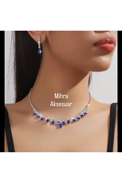 Mihra Aksesuar Kristal Mavi Damla Taşlı Özel Yapım Kolye Küpe Seti