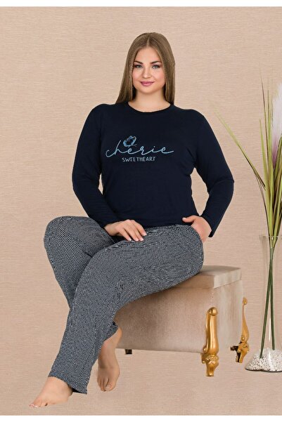 by İGP Navy Blue Cotton Piece Cotton Plus Size Crew Neck Pajama Set