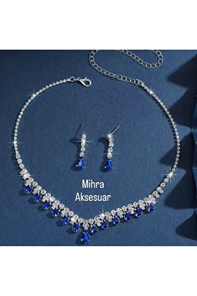 Mihra Aksesuar Crystal Blue Stone Custom Made Necklace Earring Set