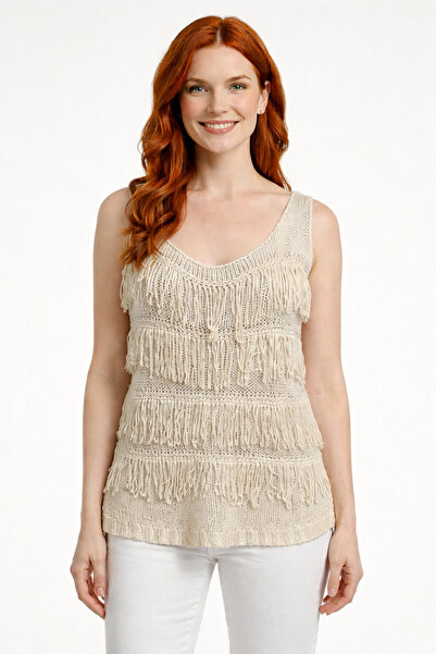 Neden Tekstil Ecru Boat Neck Layered Fringed Tasseled Knitwear Blouse